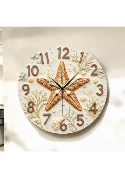 AA Shop Renkli Baskı Deniz Yıldızı Desenli Sayılı Hediyelik Ahşap Sessiz Duvar Saati 50cm ÇOk Renkli