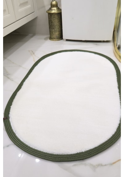 Kaymaz Taban Puffy Peluş Ultra Yumuşak 50x70 Cm Bordürlü Şık Tasarım, Suya Dayanıklı Banyo Paspası Beyaz-yeşil