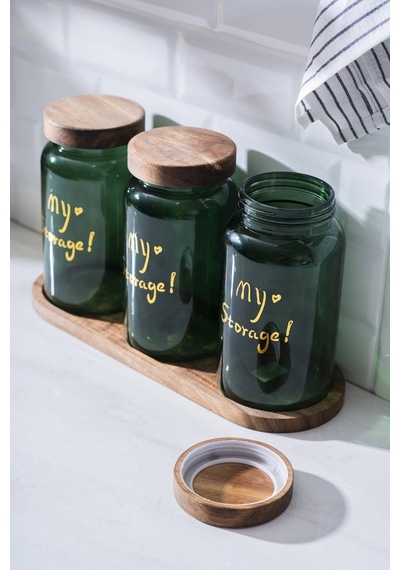 Acar 7936 Pierre 3 Lü Akasya Ahşap Kapak Ve Tepsili Kavanoz Seti - Dark Green Yeşil