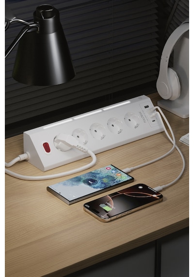 Fulltech FTR-26 Akım Korumalı Priz Beyaz 9’lu (5 Priz + 2 USB-A + 2 USB-C) 3680W 16A, 2 Metre Kablolu, Gece Lambalı Çoklu Priz -