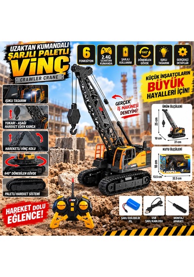 Uzaktan Kumandalı Şarjlı Paletli Vinç 6 Fonksiyon 640 Dönüşlü Işıklı İş Makinesi