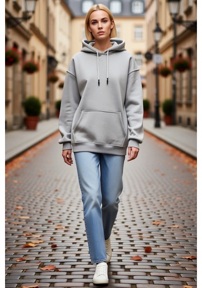 Ersefa Kadın Kapşonlu Üç İplik Penye Basic Sweatshirt Kordonlu Kanguru C Gri