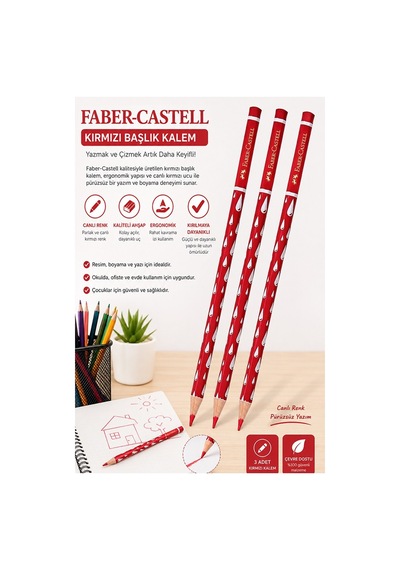 Kırmızı Başlık Kalemi Damla 3 Adet Faber Castell Kırmızı Kurşun Kalem Yumuşak Uçlu Kolay Silinebilir Öğrenci