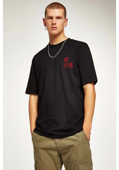 Erkek Bisiklet Yaka Oversize Baskılı Kısa Kol T-shirt - Siyah Siyah