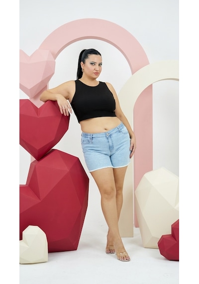 Zanessi Fashıon Büyük Beden Lastikli Yüksek Bel Yırtıklı Taşlı Cepli Kısa Denim Kadın Şort Mavi