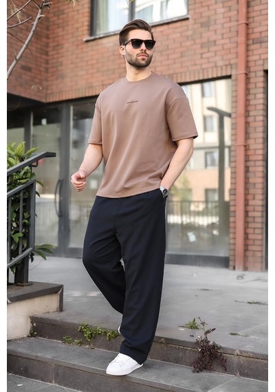Madmext Kahverengi Bisiklet Yaka Oversize Erkek Tişört E7176