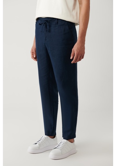 Avva Erkek Lacivert Beli Lastikli Keten Pantolon B003032 Lacivert