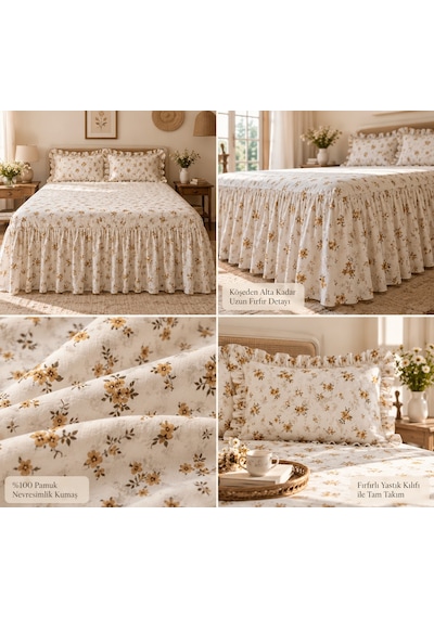 Kır Çiçekleri Bej Vintage Pastel Çiçek Desenli %100 Pamuk Fırfırlı Etekli Lastikli Çarşaf Takımı Çok Renkli