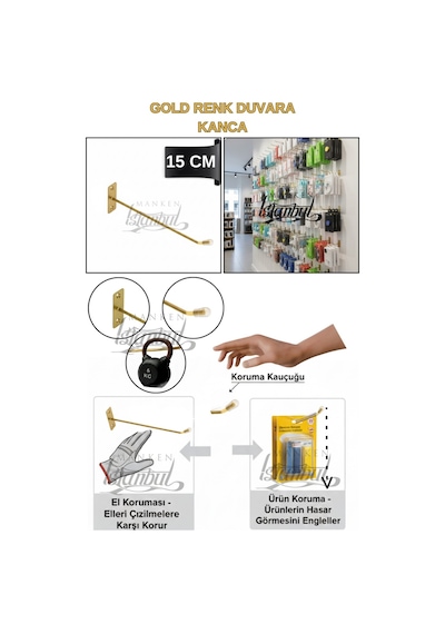 Duvara Monte Kanca Koruma Kauçuklu Gold 15 Cm Deluxe Raf Askısı Suntaya Monte 75 Adet Gold