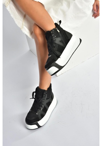 Fox Shoes V973019102 Siyah/beyaz Süet Kalın Tabanlı Kadın Spor Ayakkabı Sneakers Siyah - Beyaz