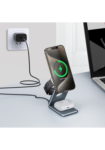 Airflod 15w Wireless Kablosuz Şarj Standı Alüminyum Katlanabilir 3in1 Apple Uyumlu iPhone -android-watch-airpods