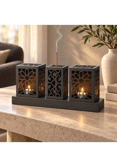 Lazer Kesim Metal Tealight Mumluk Ve Tütsülük Seti Geometrik Selçuklu Yıldızı Motifli Modern Ev Dekoru Benzersiz Masa Süsü Ve Hediye Siyah