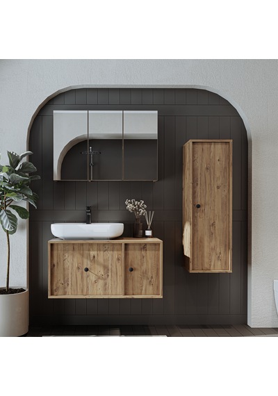 Oval Lavabolu Mdf 90 Cm Çekmeceli Banyo Dolap + Aynalı Dlp Atl Atlantik Çam