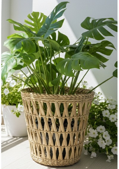 Dekoratif Desenli Doğal Hasır Sepet/saksılık 26x24 Acı Kahve - Hasır Kahve