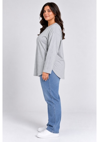 Superlife Süperlife Kadın Büyük Beden Bisiklet Yaka Süprem İnce Uzun Kollu Oval Etek Uçlu Tunik Tişört Spr26btk992 Grey Melange