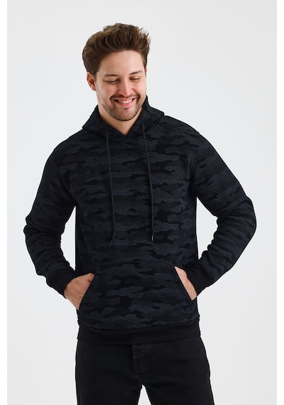 Monox Erkek Kapşonlu Kamuflaj Baskılı 3 İplik Sweatshirt Siyah