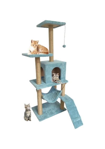 Pet B-07 Hamaklı Yuvalı Lüx Kedi Tırmalama Oyun Evi Turkuaz