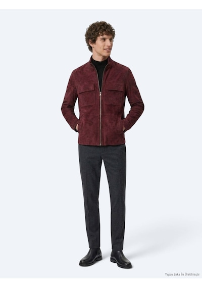 Kip Bordo Regular Fit Dik Yaka Casual Süet Deri Mont