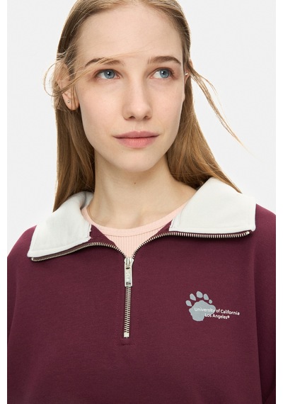 Ucla Yoko Bordo Fermuarlı Baskılı Oversize Fit Kadın Sweatshirt Bordo