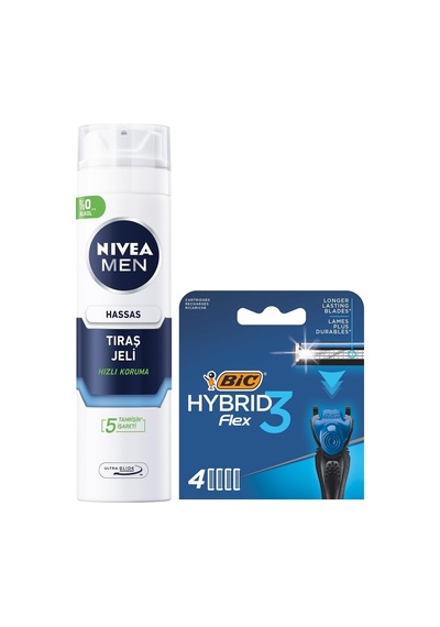 Men Hassas Tıraş Jeli 200 Ml + Bıc Hybrid 3 Flex 4'lü Yedek Tıraş Bıçağı Kartuşu