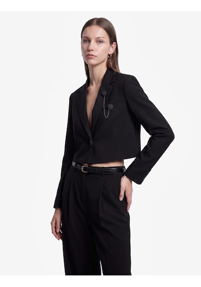 Koton Broşlu Geniş Yaka Uzun Kollu Crop Blazer Ceket Siyah 7wak50049uw