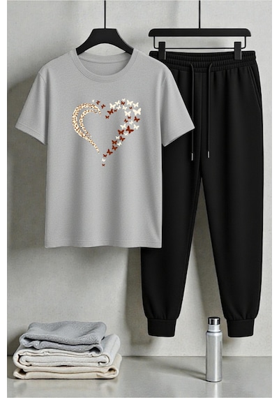 Uyguntarz Unisex Leoparlı Kelebekli Kalp Tasarım Baskılı Tişört - 2'li Eşofman Takımı Gri