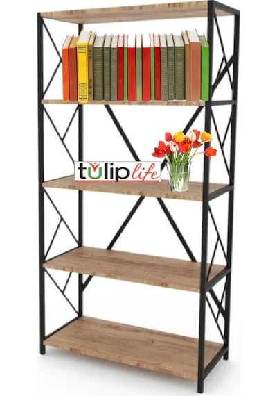 Tuliplife 5 Raflı Dekoratif Koyu Ceviz Metal Kitaplık, Tlpk05s.k