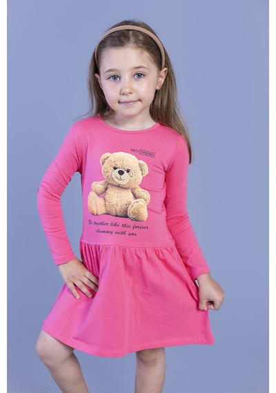 Toontoy Kız Çocuk Ayıcık Baskılı Elbise Fuşya