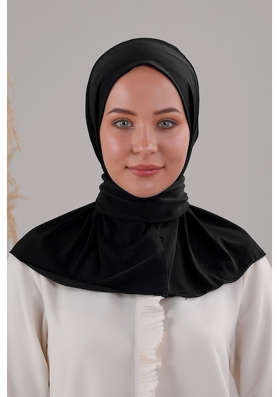 Melodi Scarf Kadın Tesettür Pratik Çıtçıtlı Sandy Fular Hazır Deniz Havuz Uyumlu Şal Siyah Siyah