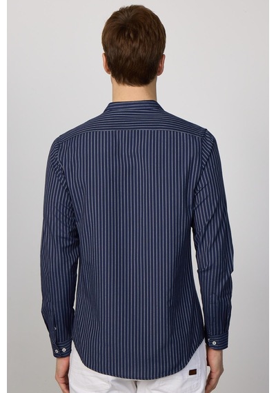 Tudors Slim Fit Uzun Kollu Hakim Yaka Pamuklu Kolay Ütü Çizgili Erkek Lacivert Gömlek-27734 Lacivert