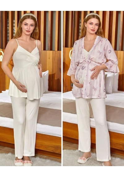Cossy By Aqua 24527 Saten Sabahlıklı İp Askılı Hamile Lohusa 3 Lü Pijama Sabahlık Tk