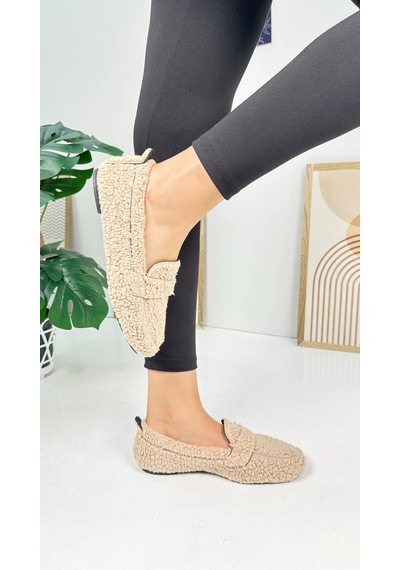 Günlük Kadın Loafer Peluş Astarlı Oval Burunlu Alçak Desenli Tabanlı Ayakkabı 375 VIZON