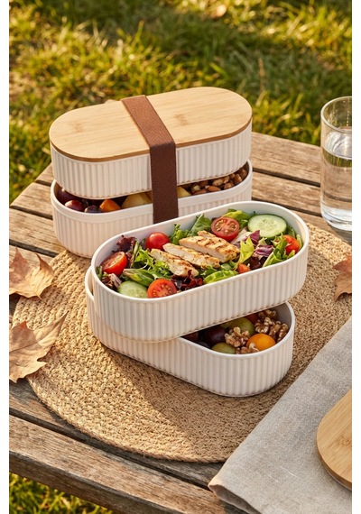 Makri Home 2'li Bambu Kapaklı Saklama Ve Beslenme Kutusu 2 Katlı, 20 X 9 X 5,5 Cm Şeffaf