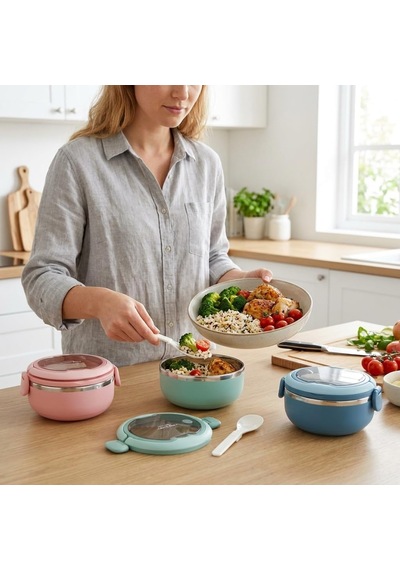 700 Ml Paslanmaz Çelik Yemek Kabı, Kaşıklı, Saplı Ve Kilitli Yuvarlak Lunch Box, Mavi Yeşil Pembe Renk Seçenekli, 12x11x13cm Kapaklı Saklama Ve Taşıma Kabı Çok Renkli