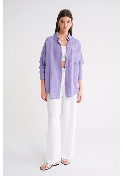Mixray 3833 Kadın Oversize Cepli Müslin Gömlek Menekşe
