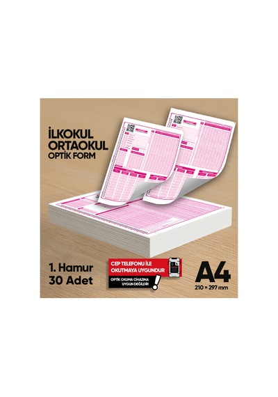 İlkokul - Ortaokul Deneme Sınavları İçin 30 Adet Optik Form