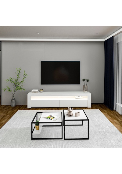 Batı Led Işıklı Tv Sehpası Ve Modern İkili Orta Sehpa Set Beyaz