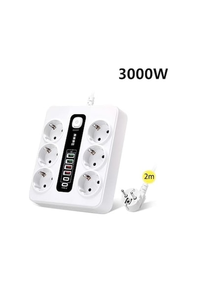 Hp-h04 Termal Akım Korumalı 3000w 3.6 Amper 6 Lı Priz 2 Metre Uzatma Kablosu Çoklu Priz 4 Usb 2 Type C Pd Girişli Hızlı Şarj İstasyonu