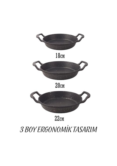 Deconox 3'lü Döküm Sahan Seti, 3'lü Yumurta, Omlet Tavası, 3 Boy Döküm Siyah Granit Sahan Tava 22cm-20cm-18cm Diğer