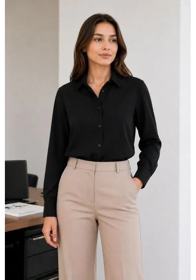 Defymoda Uzun Kol Gömlek Düğmeli Klasik Yaka Günlük Ve Ofis Şıklığına Uygun - Siyah