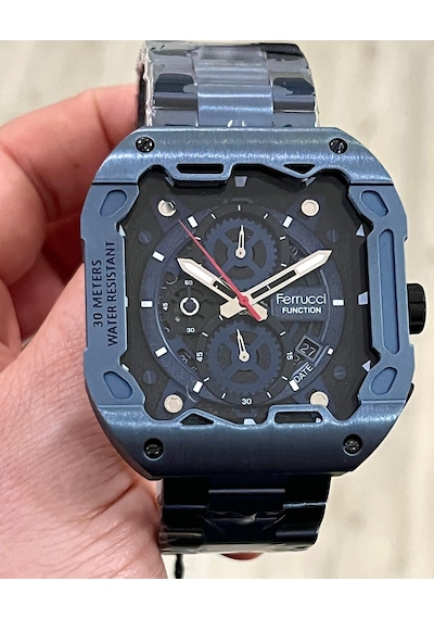 Ferrucci Kare Kadran Mavi Renk Fonksiyonları Aktif Takvimli 45mm Kasa Çap Erkek Kol Saati Mavi