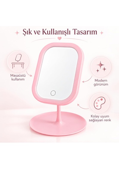 Led Işıklı Masaüstü Ayna, Dokunmatik Kontrol, Tepsili Taban, Kozmetik Model, Makyaj Aynası Pembe, Dikdörtgen Genel