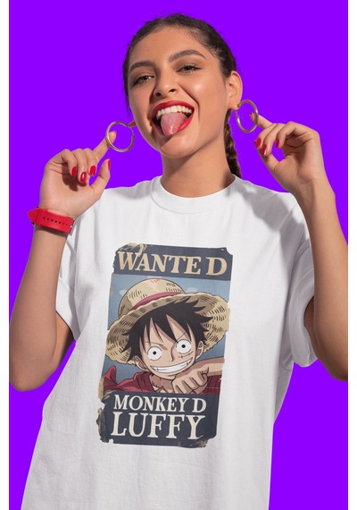 Sevbano Wanted Monkey D. Luffy Baskılı Unisex Oversize One Piece Anime Ka Beyaz