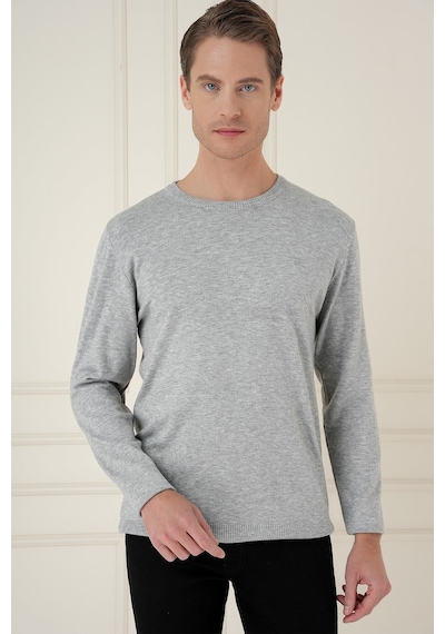 Slim Fit Ribanalı Düz Gri Yünlü Bisiklet Yaka Triko Kazak Tr 900