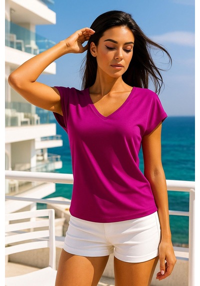 Kadın Fuşya Viskon Ön Arka V Yakalı T-shirt Yarasa Kol Relaxed Bluz Çok Renkli