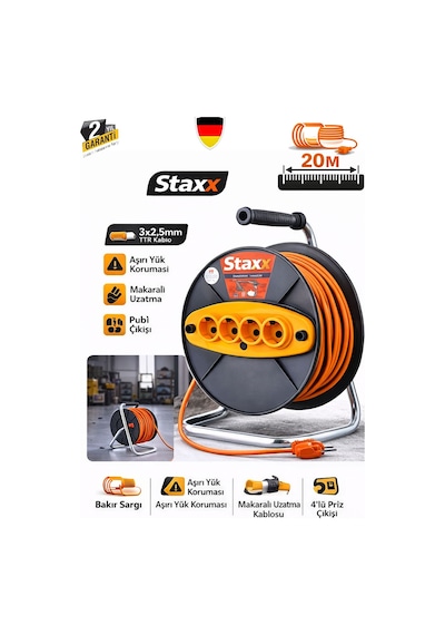 Staxx Stx2020u Metal Gövdeli Makaralı Uzatma Kablosu 20m 3x2.5 Mm 4 Prizli Şantiye Atölye Bahçe 20 M