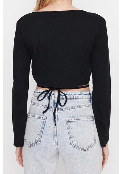 Ersefa Moda Kruvaze Örme Slim Düz Desen Casual Günlük Crop Uzun Kol Bluz Siyah