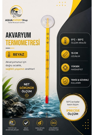 Akvaryum Termometre - Sarı - Hassas Ölçüm - Cam Termometre - 0/50 Derece Arası Ölçüm - Net Görünür - Güçlü Vantuz