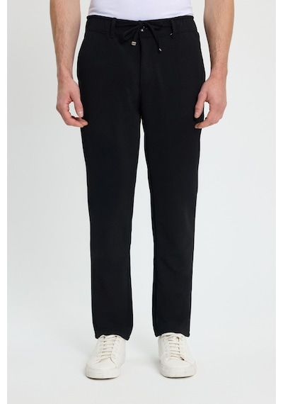 Tudors Erkek Slim Fit Dar Kesim Beli Lastikli Bağcık Detaylı Siyah Pantolon-41665 Siyah