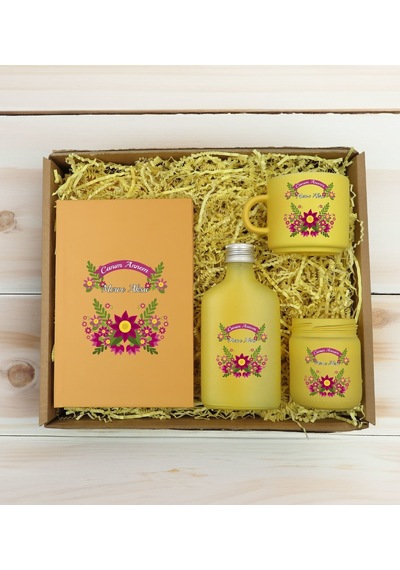 Bk Gift Kişiye Özel İsimli Dtf Anne Temalı Sarı Defter & Kahve Fincanı & Kolonya & Mum Hediye Seti-6, Anneye Hediye, Anneler Günü Hediyesi Kobitmeyenc